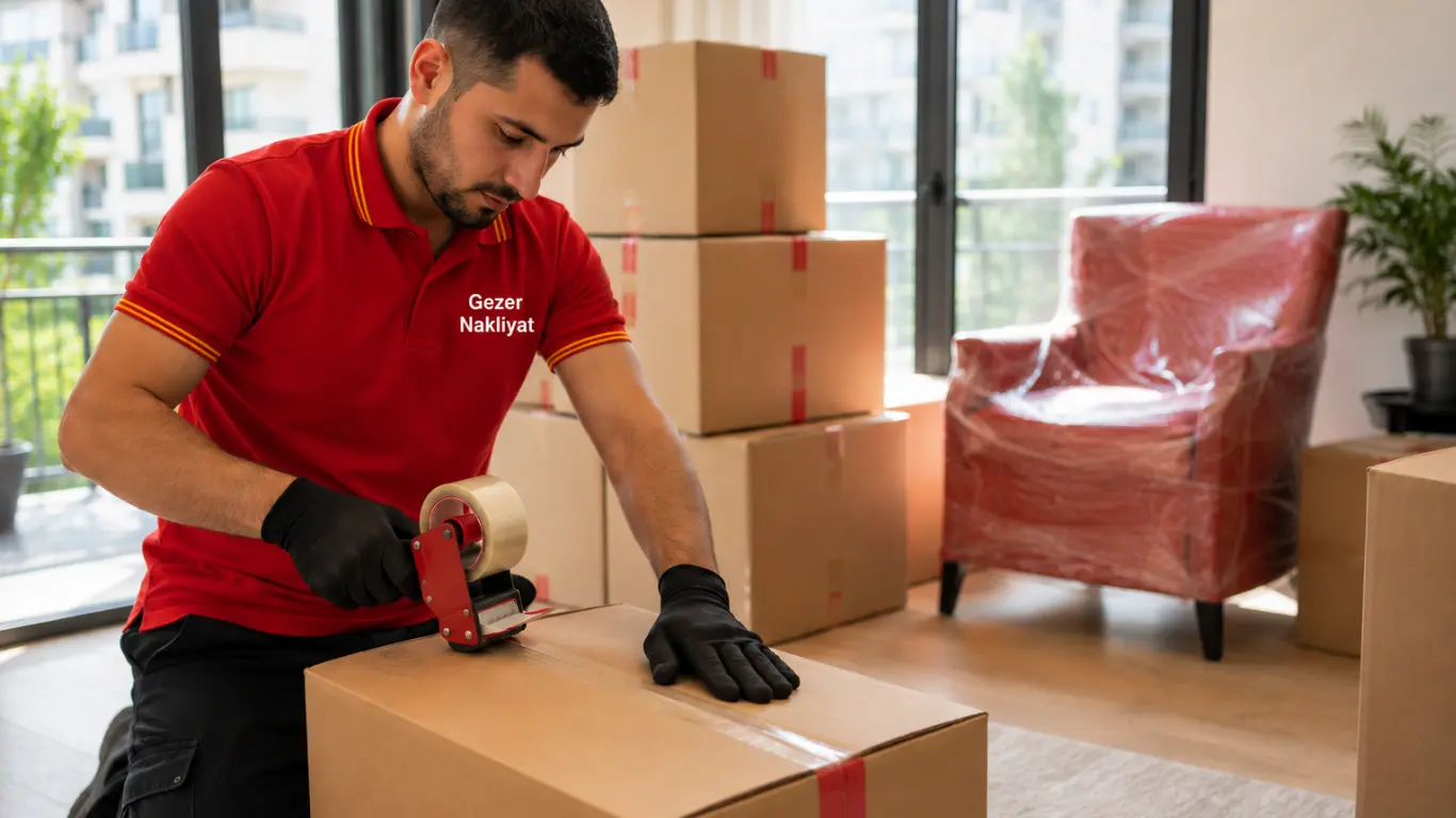 Gezer Nakliyat çalışanı taşınma öncesinde koliyi bantlayarak paketleme yapıyor